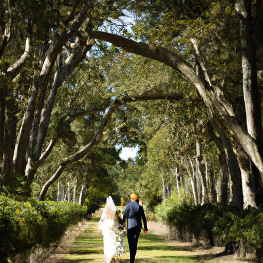 Cặp đôi nhẹ nhàng đi bộ dọc đường cây trong ngày cưới của mình