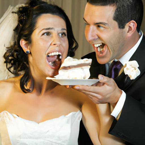 Chú rể và cô dâu cùng nhau ăn miếng bánh kem đám cưới