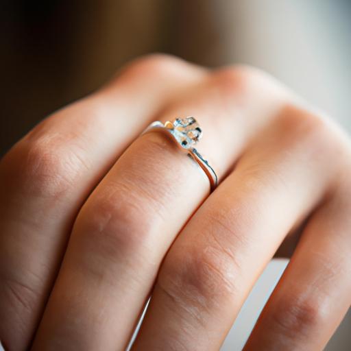 Một tấm gần của chiếc nhẫn kim cương đính hôn trên ngón tay của cô dâu