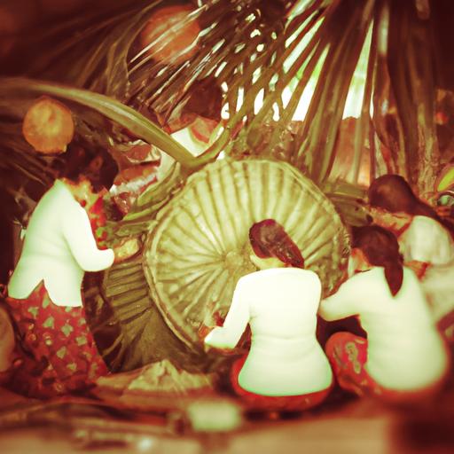 Nhóm phụ nữ đang làm cổng cưới lá dừa trong một bức ảnh cổ.