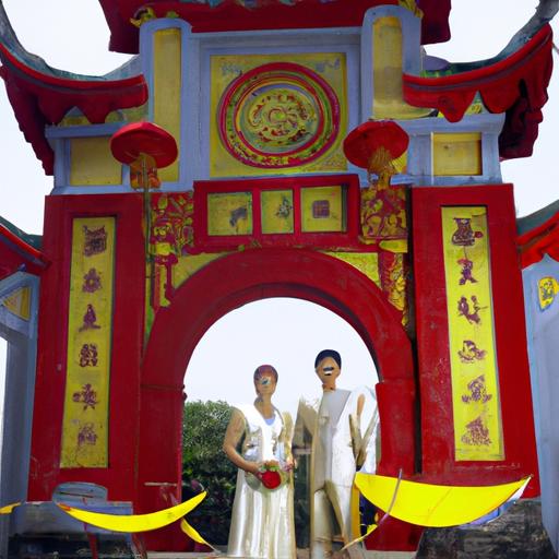 Cô dâu chú rể đứng trước cổng hoành tráng của đường Yên La Tấn