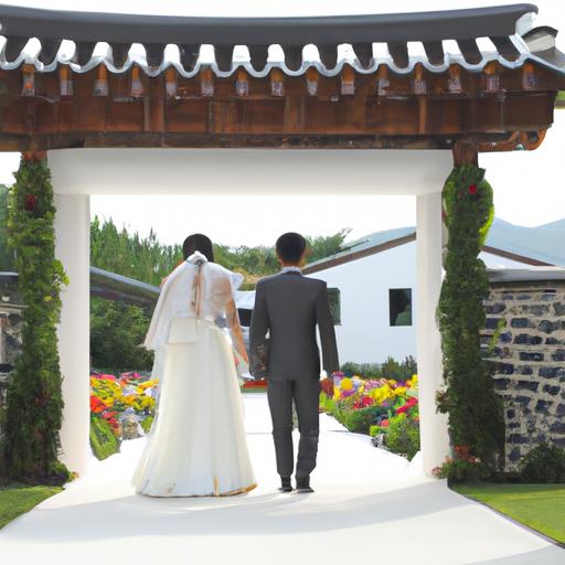 Cô dâu chú rể nắm tay nhau đi qua cổng cưới hiện đại Hàn Quốc