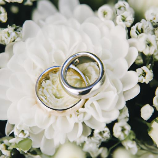 Hình ảnh chụp cận cảnh nhẫn cưới của cô dâu và chú rể được để trên bó hoa trắng.