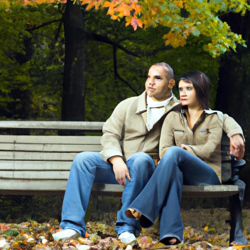Cặp đôi ngồi trên ghế công viên với khung cảnh lá vàng rực rỡ