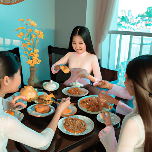 Bạn bè trong những bộ áo dài 4 tà truyền thống thưởng thức bữa ăn cùng nhau