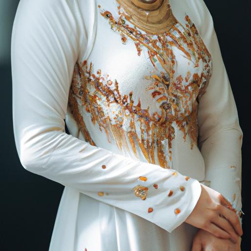 Áo dài cưới màu trắng truyền thống với những hoa văn thêu tinh xảo.