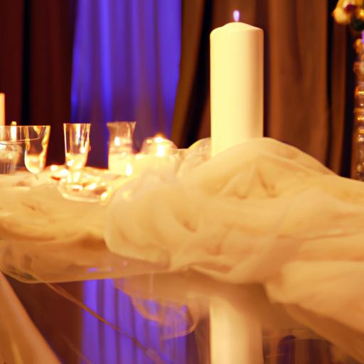 Một bài trí trong nhà lãng mạn với ánh nến và rèm tinh tế cho nền tảng đám cưới