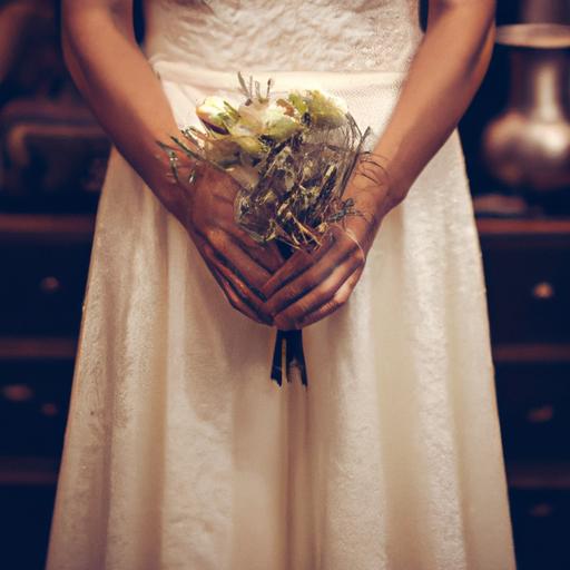 Gần cận bàn tay của cô dâu cầm bó hoa với chiếc váy cưới cổ điển vintage nổi bật phía sau.