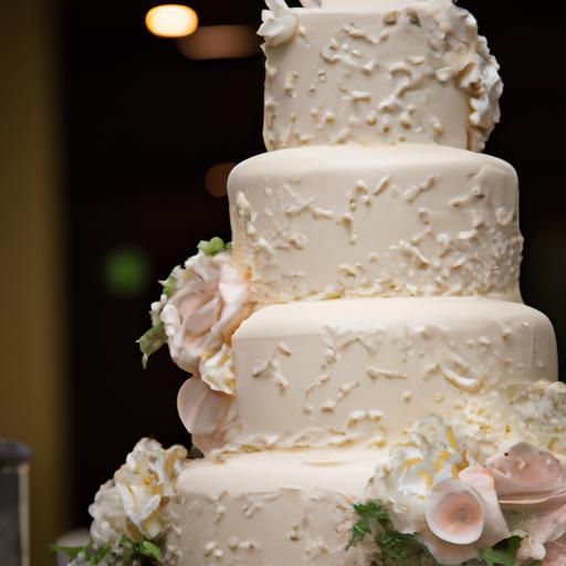 Chiếc bánh cưới được trang trí đẹp tuyệt vời với chi tiết hoa tinh tế.