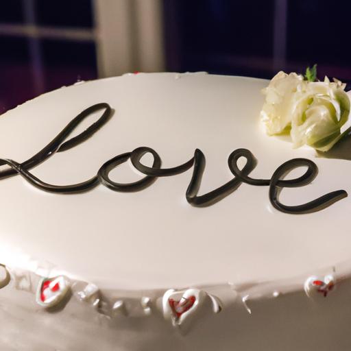 Một chiếc bánh kem kỷ niệm đơn giản và thanh lịch với thông điệp tình yêu được viết trên đỉnh bánh.