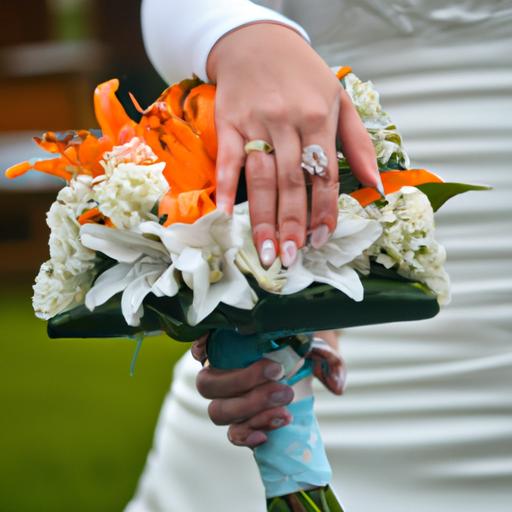 Bó hoa cô dâu và chiếc nhẫn kết hôn trên tay cô dâu