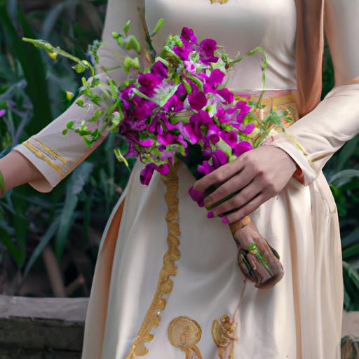 Bó hoa cưới và tay cô dâu trong bộ trang phục cưới truyền thống Việt Nam