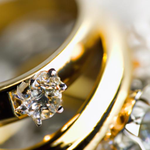 Một cái nhìn cận cảnh của bộ nhẫn cưới vàng 18k được đính kim cương
