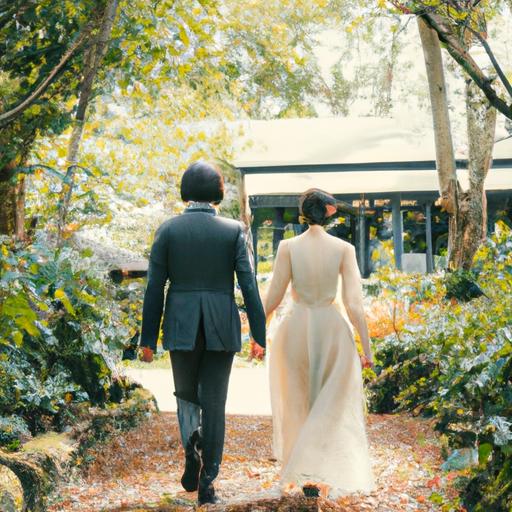 Cặp đôi hạnh phúc nắm tay nhau đi dạo trong khu vườn lãng mạn của nhà hàng tiệc cưới.