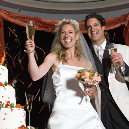 Cặp đôi hạnh phúc nâng ly rượu sâm panh trước chiếc bánh cưới được trang trí đẹp mắt