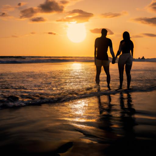 Cặp đôi nắm tay nhau trước hoàng hôn trên bãi biển chụp hình kỷ niệm ngày cưới