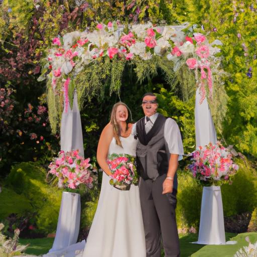 Cặp đôi tân hôn đứng trước cổng hoa màu hồng phấn trong lễ cưới của mình