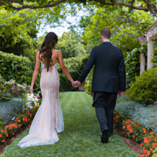 Cặp đôi tay trong tay đi bộ qua khu vườn đẹp với hoa quanh đầy.
