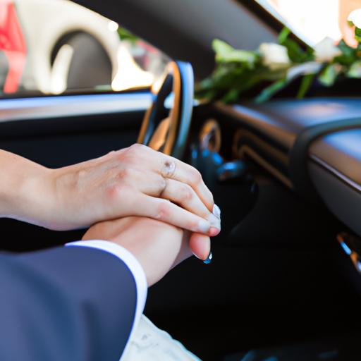 Cặp đôi vừa cưới tay trong tay bên trong xe hoa cưới màu trắng.