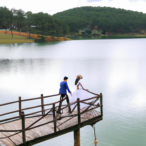 Cặp đôi tình nhân đi bộ trên cây cầu gỗ trên hồ nước tại Đà Lạt