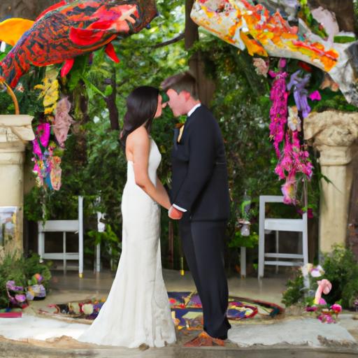 Cặp đôi trao lời hứa với kiến trúc hình cung tuyệt đẹp được trang trí bằng hoa và tượng cá koi phía sau.