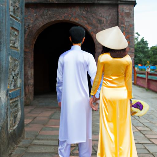 Cặp đôi trong trang phục cưới truyền thống Việt Nam trước đền đài