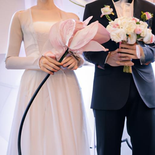 Cặp đôi chuẩn bị cho lễ kết hôn với bát hoa để bàn cưới.