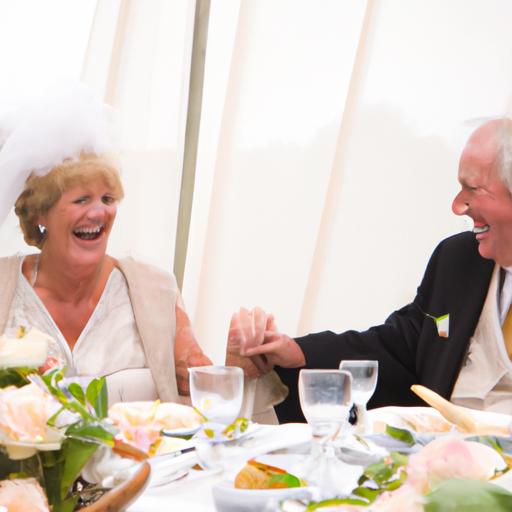 Cặp vợ chồng già ngồi tại mâm cỗ cưới, tươi cười và thưởng thức các món ăn ngon