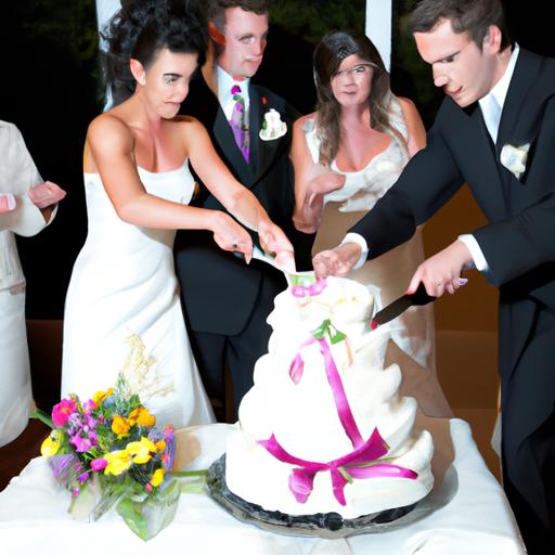 Cô dâu chú rể cắt bánh cưới trong không khí vui tươi của khách mời.