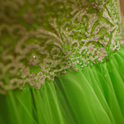 Chụp gần các chi tiết tinh tế trên chiếc váy cưới màu xanh lá cây.