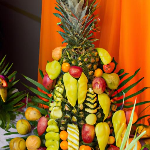 Chưng trái cây hiện đại và độc đáo với sự kết hợp của các loại trái cây kỳ lạ cho tiệc cưới.