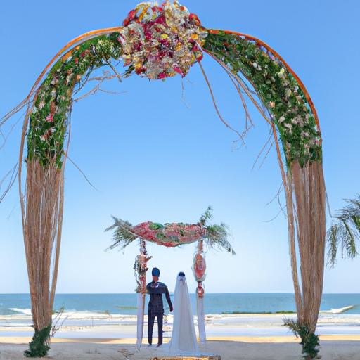 Chú rể và cô dâu đứng trước khung hoa cưới được trang trí đẹp mắt bởi Mai Wedding Đà Nẵng
