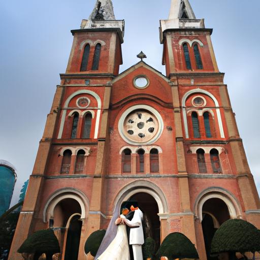 Cô dâu chú rể chụp ảnh trước nhà thờ Đức Bà Sài Gòn