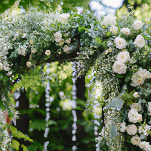 Một góc chụp cận cảnh của một cổng đẹp với những bông hoa trắng tinh tế và lá xanh.