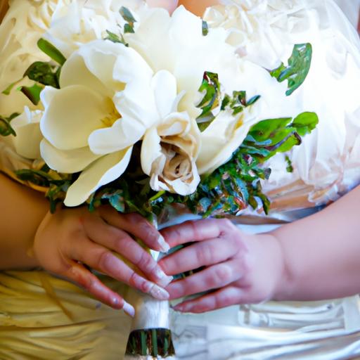 Gần cận cảnh cô dâu béo cầm bó hoa tay trong tầm nhìn với tay váy cưới đầy màu sắc.