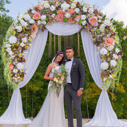 Cô dâu chú rể chụp hình trước cổng hoa lớn được trang trí với hoa tươi và rèm mỏng nhẹ.