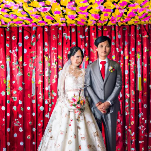 Cô dâu chú rể đứng trước hậu trường lễ cưới với phong cách Hàn Quốc