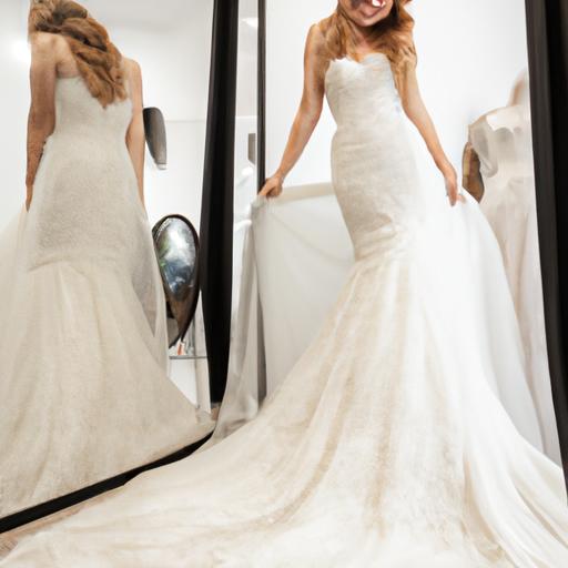 Cô dâu hạnh phúc trước gương khi được mặc chiếc váy cưới đẹp nhất