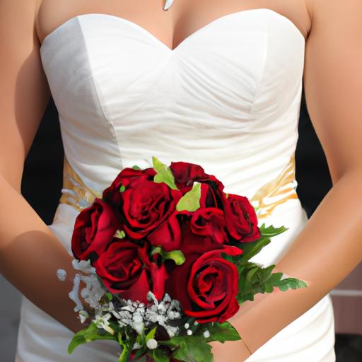 Một cô dâu mặc váy cưới đỏ với cổ áo hình trái tim và cầm bó hoa hoa hồng trắng.