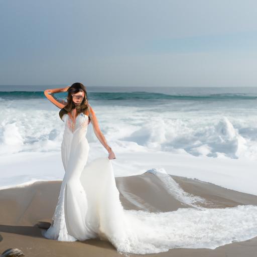 Cô dâu đang tạo dáng trong chiếc váy cưới đuôi cá kiểu dáng ngọt ngào với cổ áo hình trái tim và chi tiết ren, đứng trên bãi biển với những đợt sóng chạm bờ