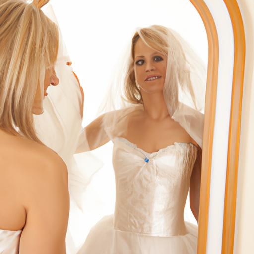 Cô dâu nhìn vào gương và tự tin khi mặc váy cưới và áo lót.