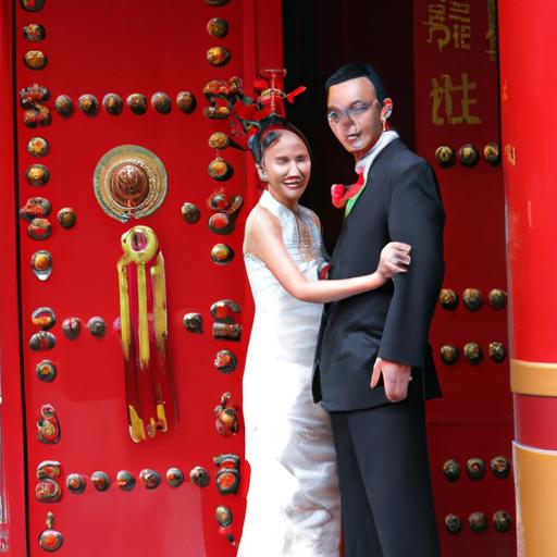 Cô dâu và chú rể chụp ảnh trước cửa cổng đỏ trong lễ cưới Trung Quốc
