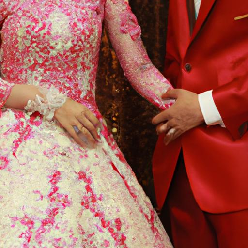 Cô dâu và chú rể đứng cùng nhau, cô dâu mặc chiếc váy cưới màu hồng và đỏ.