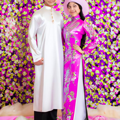 Cô dâu và chú rể mặc trang phục cưới truyền thống, đứng trước bối cảnh trang trí đẹp mắt.