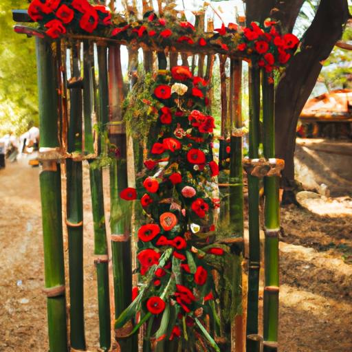 Cổng cưới đơn giản và ấm cúng với hoa đủng đỉnh đỏ và những thanh tre sáng tạo.