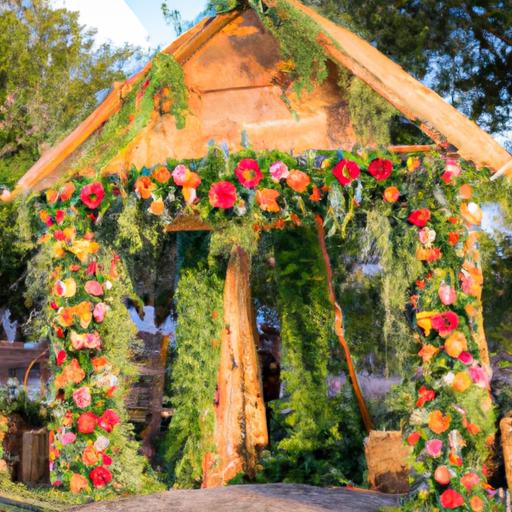 Cổng cưới miền tây đơn giản nhưng rất đẹp mắt với hoa tươi và phong cách miền tây.