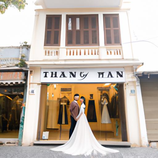 Cô dâu chú rể đứng trước cửa hàng váy cưới Hồ Văn Huê