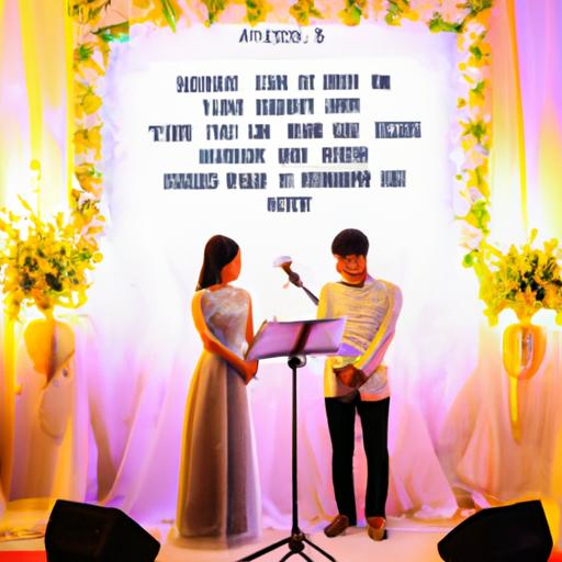 Cô dâu chú rể đang trao lời hứa cho nhau với lời bài hát 'Mình cưới nhau đi Bùi Anh Tuấn' được hiển thị phía sau