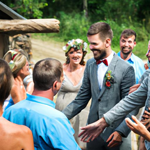 Cặp đôi hạnh phúc bên gia đình và bạn bè trong lễ cưới trên làng quê.