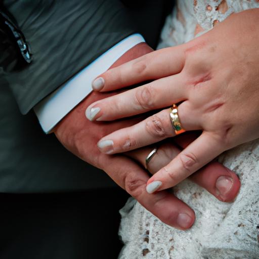 Bàn tay của cặp đôi đang nắm chặt nhau với những chiếc nhẫn cưới lấp lánh, thể hiện tình yêu và sự gắn bó vĩnh cữu.